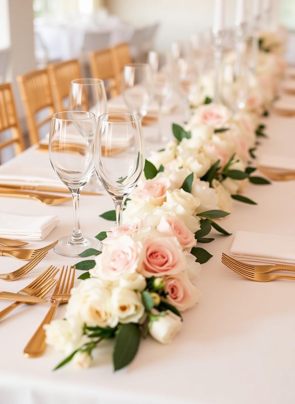 Mesa de evento decorada con cubertería dorada y arreglos florales