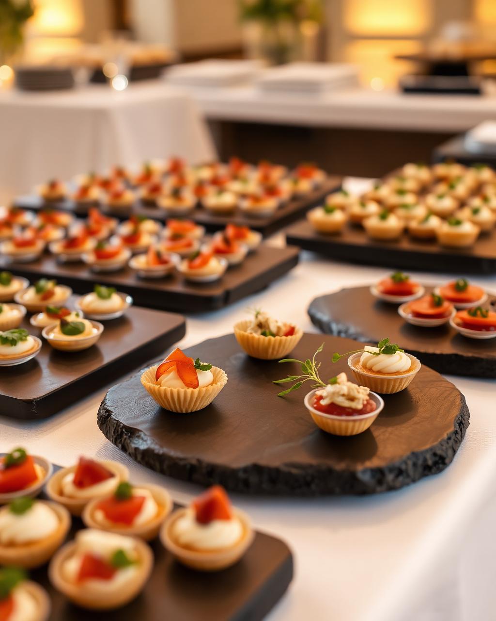 Estación de catering empresarial con canapés gourmet