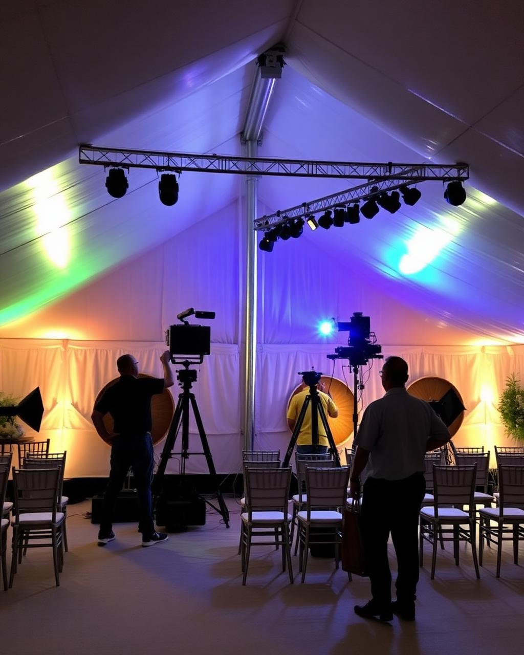 Equipo de producción montando carpa, luces y sonido para un evento